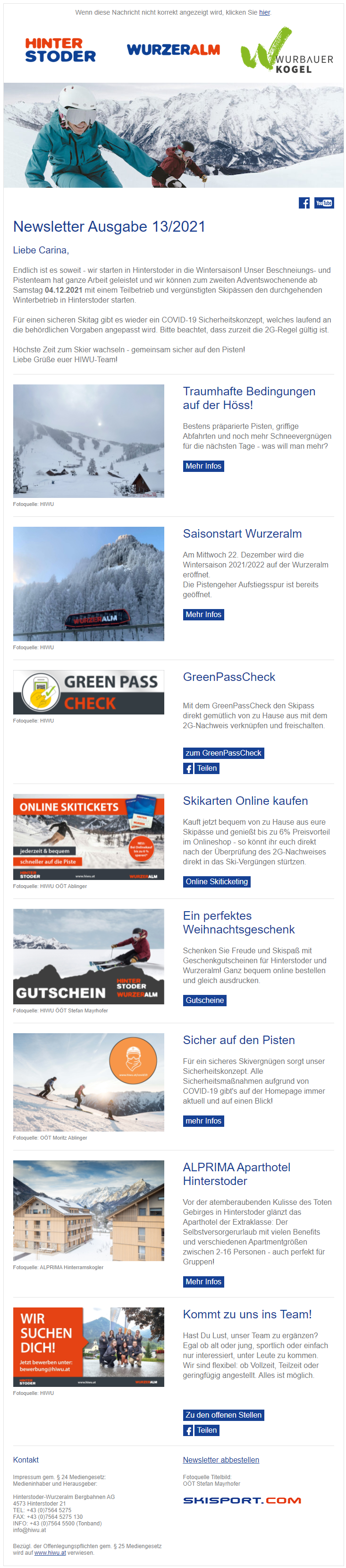 Newsletter-Beispiel für die Skiregion Hinterstoder 1 (Quelle: Hinterstoder-Wurzeralm Bergbahnen AG)